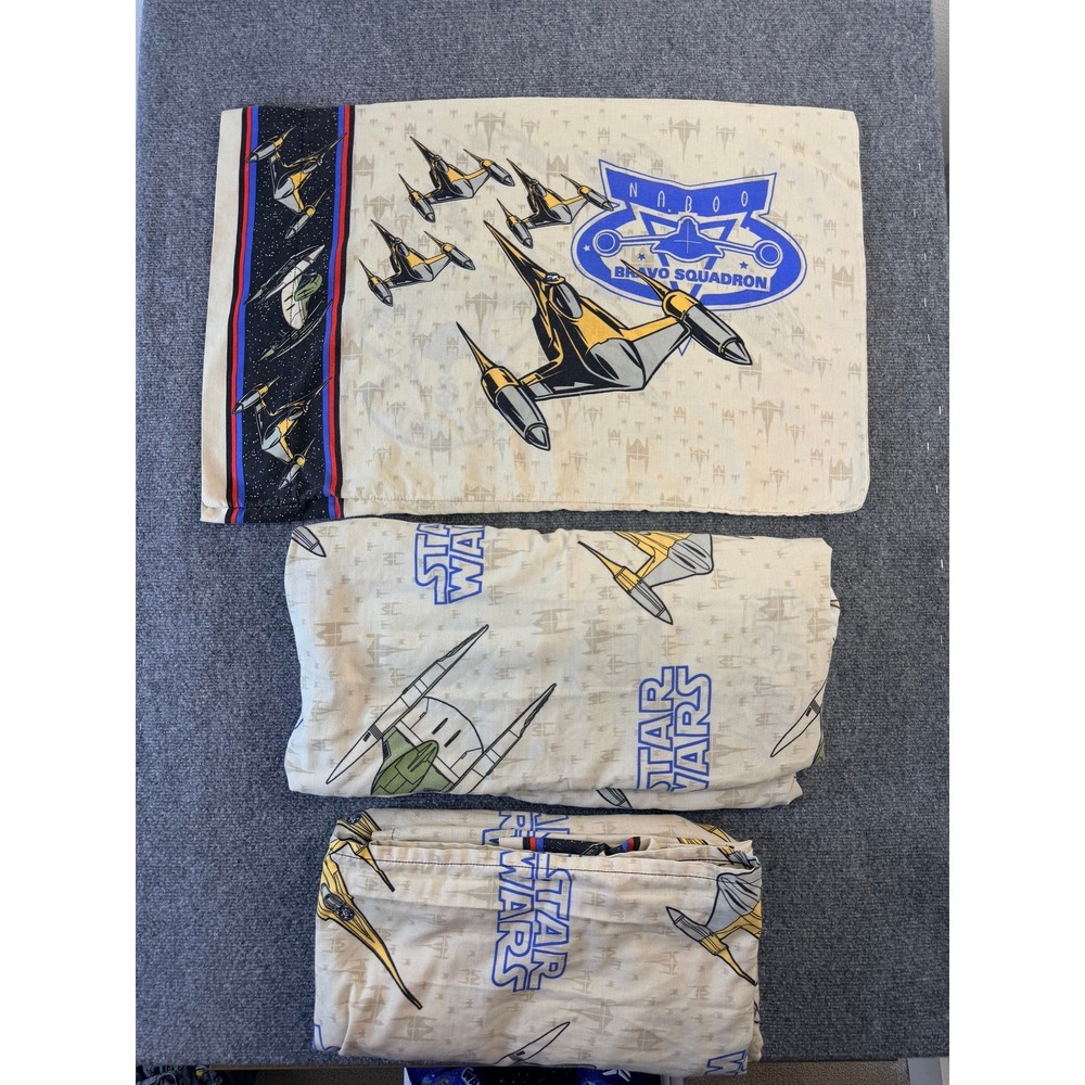 Star Wars Queen Bedding Sheet Set Naboo Bravo‎ Squadron Spaceships Vintage
